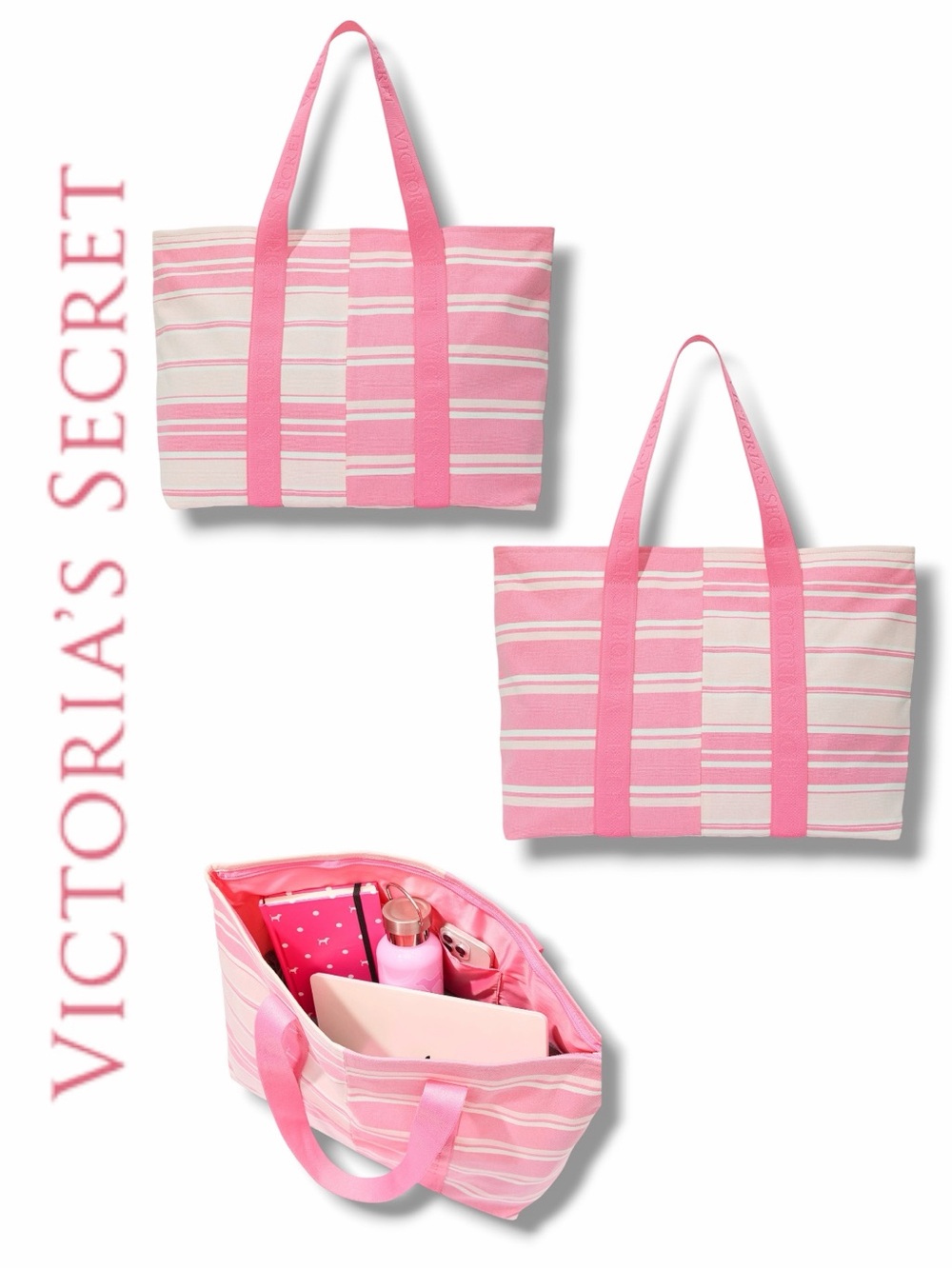 Victoria's Secret Pink & Cream Striped Tote with Bright Pink Handles